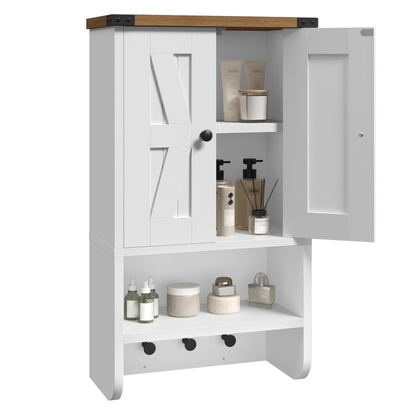 MAHANCRIS Bathroom Wall Cabinet, Farmhouse Medicine Cabinet with Adjustable Shelf, 3-Tier Wall-Mounted Storage Cabinet with 3 Hooks and Open Shelf, for Bathroom, Living Room, Kitchen, White and Walnut - Image 1