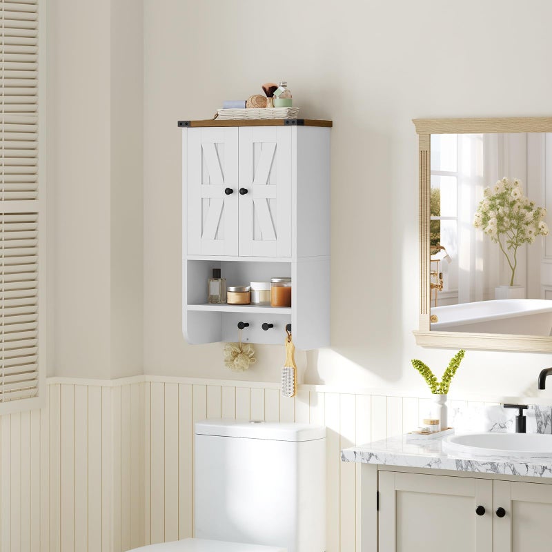 MAHANCRIS Bathroom Wall Cabinet, Farmhouse Medicine Cabinet with Adjustable Shelf, 3-Tier Wall-Mounted Storage Cabinet with 3 Hooks and Open Shelf, for Bathroom, Living Room, Kitchen, White and Walnut - Image 2