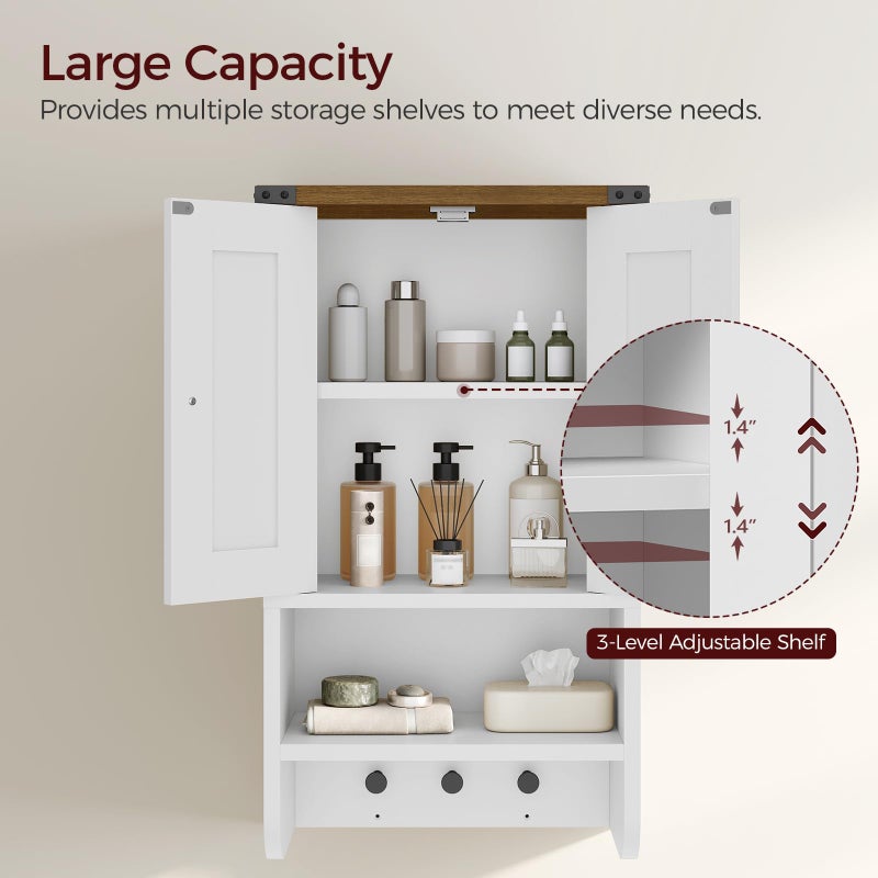MAHANCRIS Bathroom Wall Cabinet, Farmhouse Medicine Cabinet with Adjustable Shelf, 3-Tier Wall-Mounted Storage Cabinet with 3 Hooks and Open Shelf, for Bathroom, Living Room, Kitchen, White and Walnut - Image 3