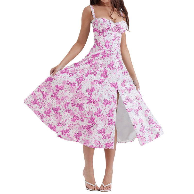 Summer French Style Slim A-Line Split Slip Dress rose flower 