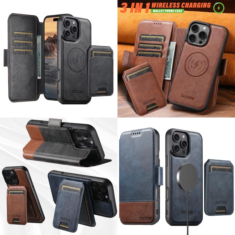 سوتين جراب هاتف جلدي 3 في 1 قابل للفصل والطي عموديًا لهاتف Iphone 15 Plus Q06S2 (أزرق) - Image 5