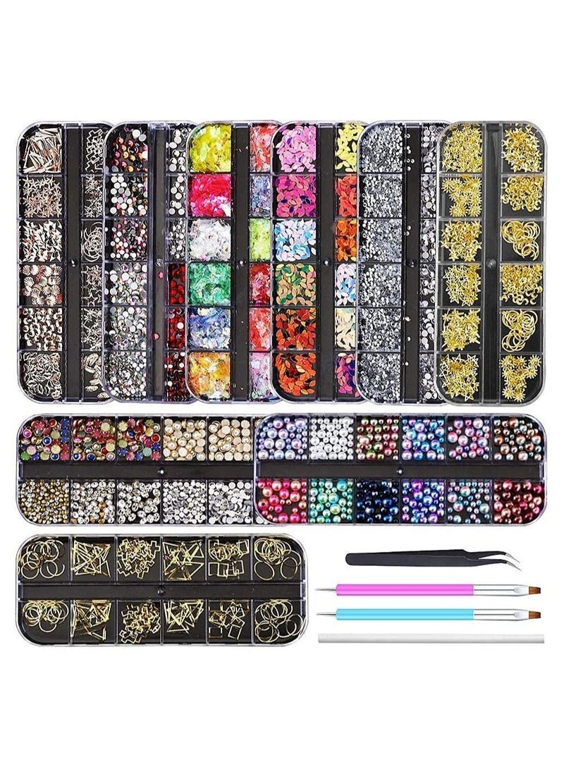 Bluejw 9 boxes Nail Rhinestones,Nail Gems Diamonds,Nail Art Studs Crystals Sequins for Nails Kit with 1 Tweezers and 3 Pen Supplies Accessories - Image 1