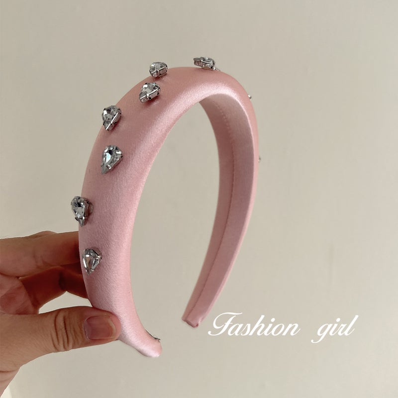 French High-grade Sense Headband Pink Satin Rhinestone Sponge High Cranial Top Hair Clip Hair Bundle Red Riding Book Same Style Headband for Women 3288 Pink Czech Diamond Headband