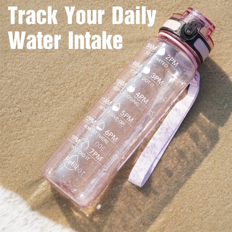 OLDLEY Water Bottle, 32oz Motivational Sports Water Bottle with Time Marker - Times to Drink - Tritan, BPA Free, Wide Mouth Leakproof, Anniversary Birthday Gifts for Men Women, Clear Pink - Image 2