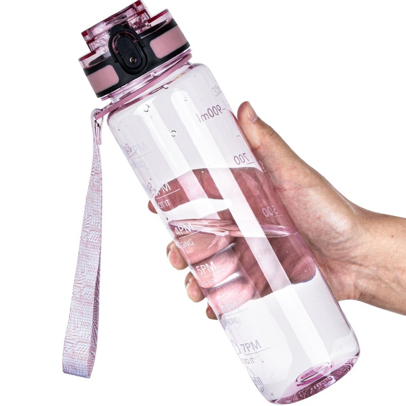 OLDLEY Water Bottle, 32oz Motivational Sports Water Bottle with Time Marker - Times to Drink - Tritan, BPA Free, Wide Mouth Leakproof, Anniversary Birthday Gifts for Men Women, Clear Pink - Image 1
