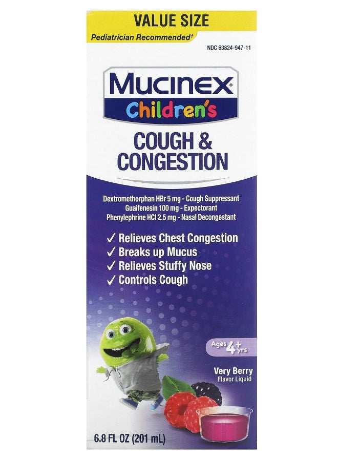 MUCINEX Children's Cough & Congestion Ages 4+ Yrs Very Berry 6.8 fl oz (201 ml)
