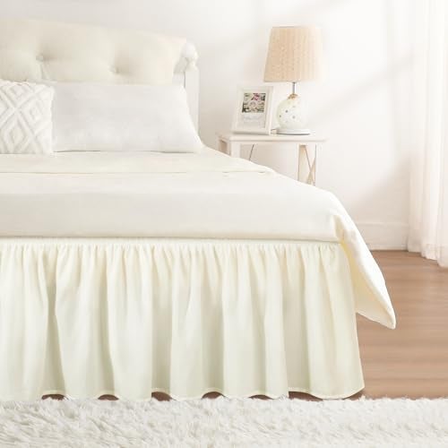 RIMELA Cream Queen Bed Skirt 18 Inch Drop, Wrap Around Elastic Bed Skirts Queen Size Dust Ruffle, Bedskirt for Adjustable Bed Base Solid Fade Resistant Silky Fabric Machine Washable - Image 1