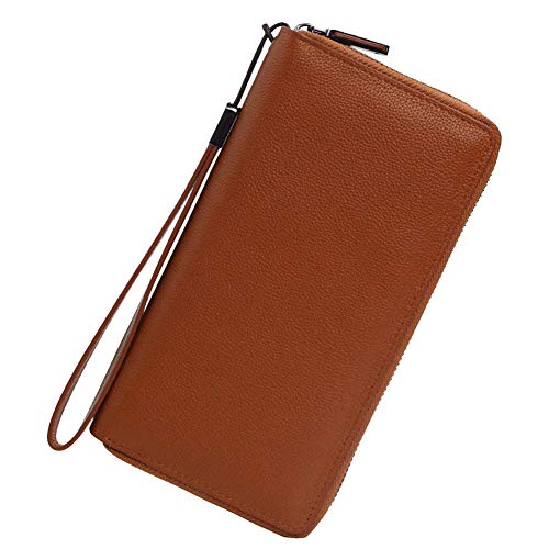 Bveyzi Women RFID Blocking Wallet Leather Zip Around Phone Clutch Large Capacity Ladies Travel Purse Wristlet Brown