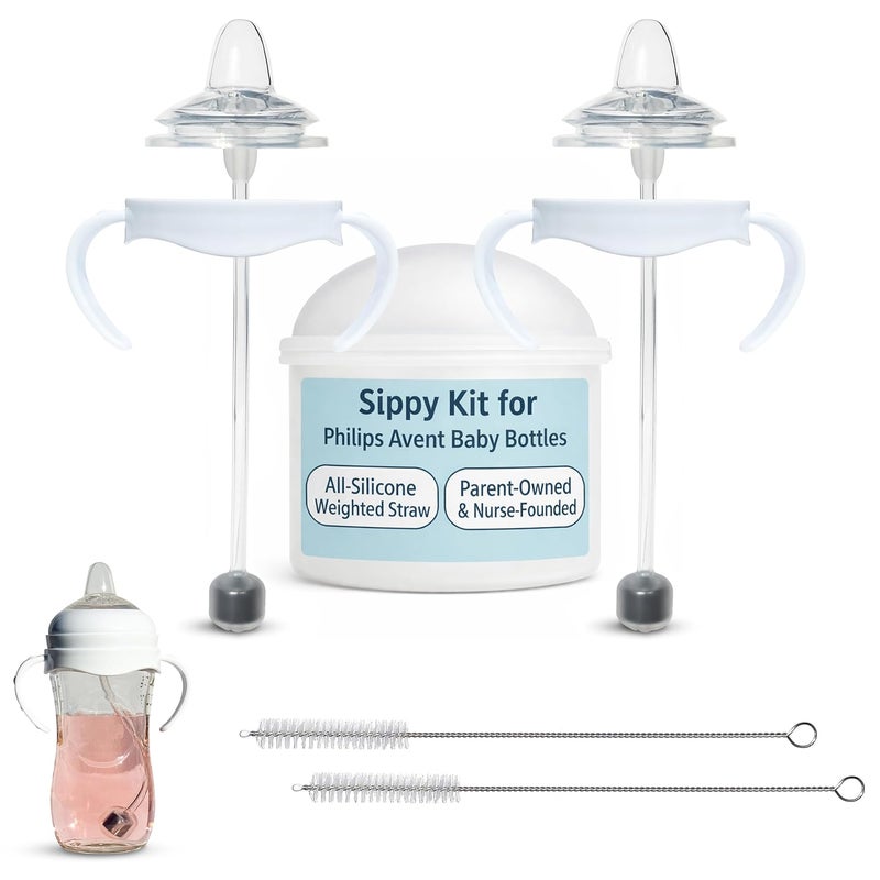 BelBeyo Sippy Cup Conversion Kit for Philips Avent Natural Baby Bottles 2-Count, Food Grade Silicone Spout Nipples and Weighted Straw, Bottle Handles, Cleaning Brush, BPA-Free, Straw Transition, 4+ Months - Image 1