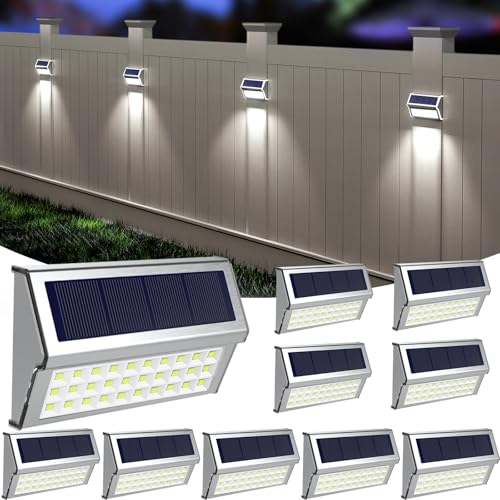 ROSHWEY Solar Lights Outdoor, 10 Pack 30 LED Fence Lights Waterproof Solar Powered Deck Post Lamps Stainless Steel Outside Step Lighting for Backyard Yard Walkway Stairs, Cool White Light - Image 1