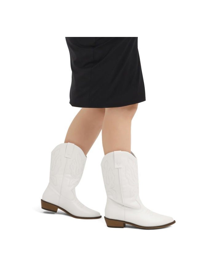 mysoft Women's Wide Calf Cowboy Boots Pull-On Mid-Calf Embroidered Pointed Toe Chunky Heel Retro Western Boots, White, 8.5 Wide - Image 3