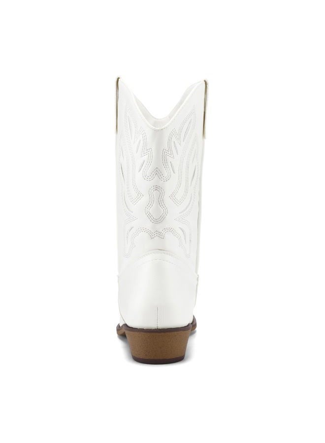 mysoft Women's Wide Calf Cowboy Boots Pull-On Mid-Calf Embroidered Pointed Toe Chunky Heel Retro Western Boots, White, 8.5 Wide - Image 5