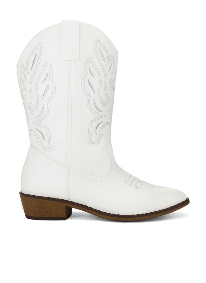 mysoft Women's Wide Calf Cowboy Boots Pull-On Mid-Calf Embroidered Pointed Toe Chunky Heel Retro Western Boots, White, 8.5 Wide - Image 1