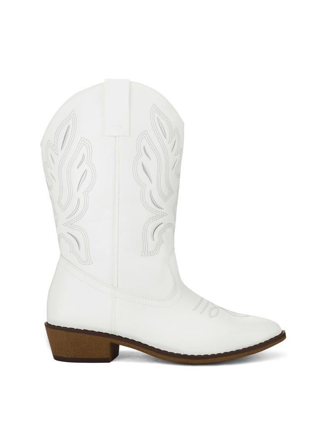 mysoft Women's Wide Calf Cowboy Boots Pull-On Mid-Calf Embroidered Pointed Toe Chunky Heel Retro Western Boots, White, 8.5 Wide - Image 4