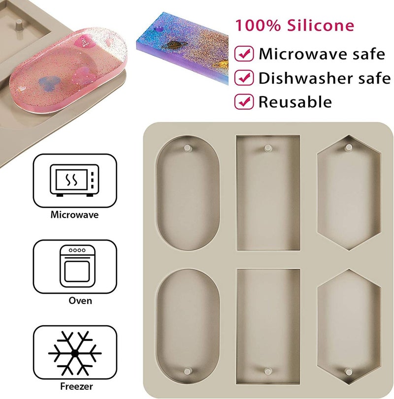 Skytail 6 Slot Resin Bookmark Mould, Rectangle, Oval and Hexagon Resin Mould Silicone Wax Mold, Keychain Mould Epoxy Casting Mold with Hanging Hole for DIY Jewelry Making Pendant Crafts Decor - Image 2