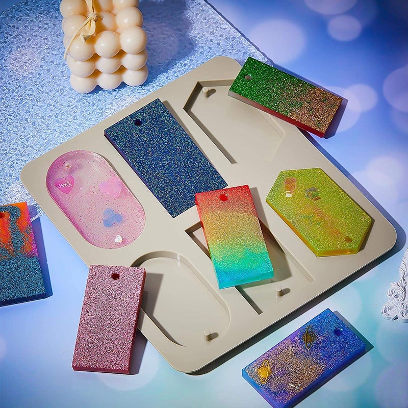 Skytail 6 Slot Resin Bookmark Mould, Rectangle, Oval and Hexagon Resin Mould Silicone Wax Mold, Keychain Mould Epoxy Casting Mold with Hanging Hole for DIY Jewelry Making Pendant Crafts Decor - Image 3