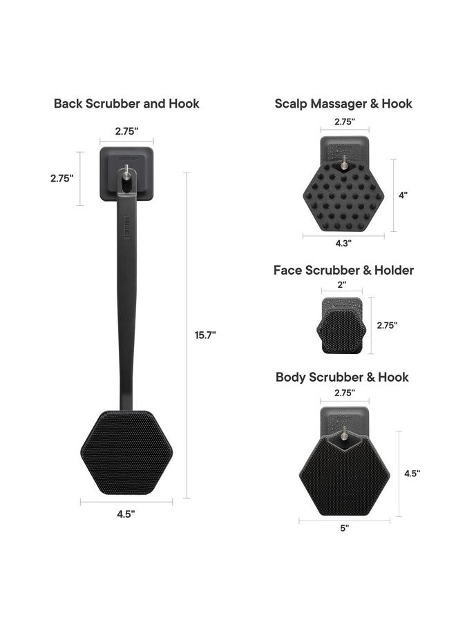 TOOLETRIES - - The Scrub King - Men'S Silicone Body And Face Scrubber Set - Back Scrubber For Shower, Body Scrubbers, Storage Hooks, & Face Brush Holder - Shower Accessories For Men - Charcoal - Image 1