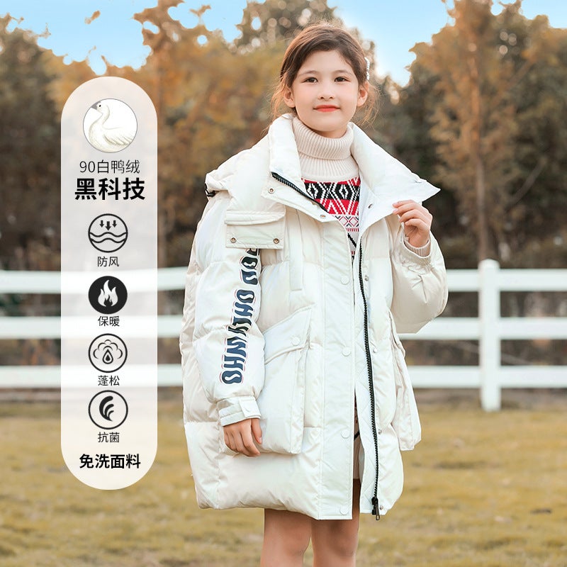 Girls Hooded Down Jacket 2024 Winter New 90 White Duck Down Childrens Western Style Mid-length Medium and Large Childrens Thick Coat White Down Jacket 