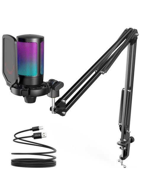 A6T AMPLIGAME USB Condenser MICROPHONE with Boom Arm, Pop Filter, Mute Button RGB FOR STREAMING ON PC/LAPTOP/PS4/5
