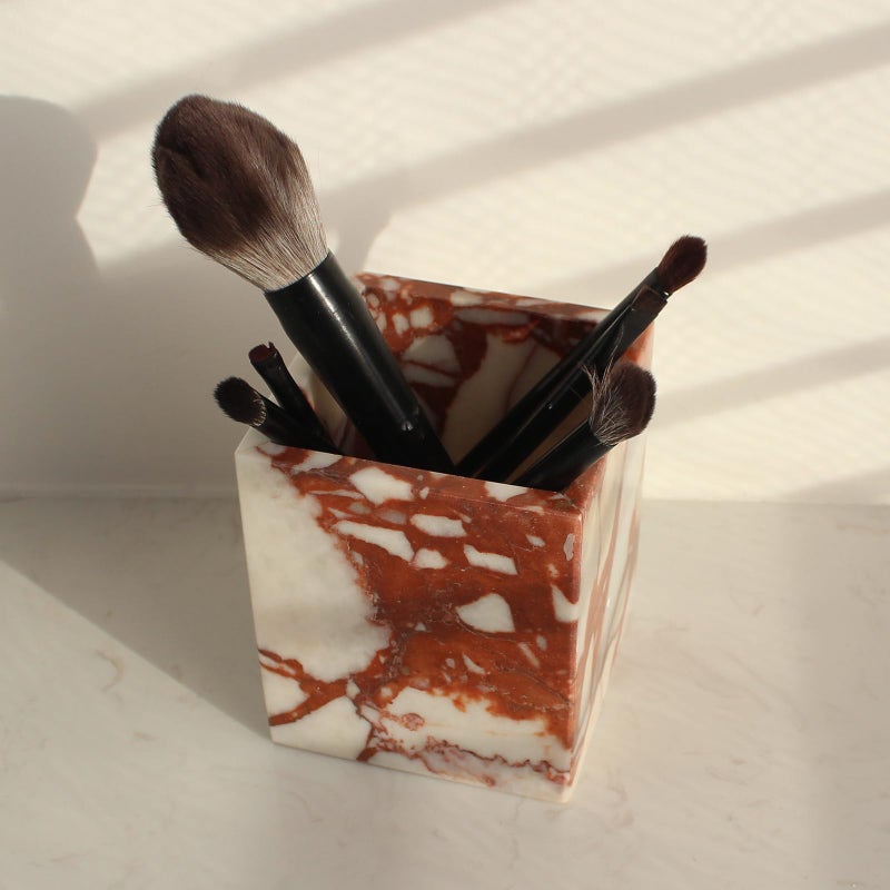 Natust Calacatta Red Marble Toothbrush Holders for Bathroom, Natural Marble Makeup Brush Holder Countertop Organizer - Image 3
