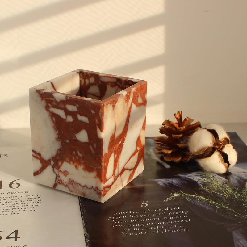 Natust Calacatta Red Marble Toothbrush Holders for Bathroom, Natural Marble Makeup Brush Holder Countertop Organizer - Image 1