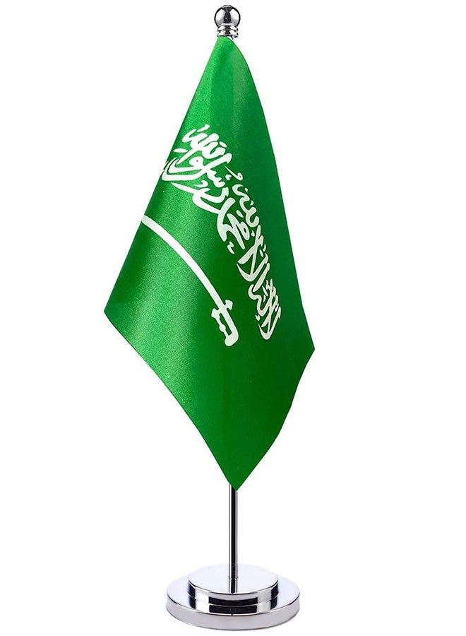 HY Desk Saudi Flag silvery Base deluxeUSA Saudi Arabia Table Flags,Stick Small Mini Saudi Arabian Flag Office Desk Flag on Stand with Stand Base, International Festival Saudi Arabia Theme Party Decoration,Home Desk Decoration - Image 1