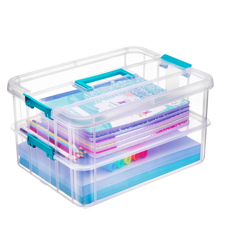 Tribello Craft Box & Art Supply Storage Organizer â€“ Stackable Art Organizer and Craft Storage Box with Handle, 2-Layer Clear Art Supplies Organizer (14 x 10 x 7) - Image 1