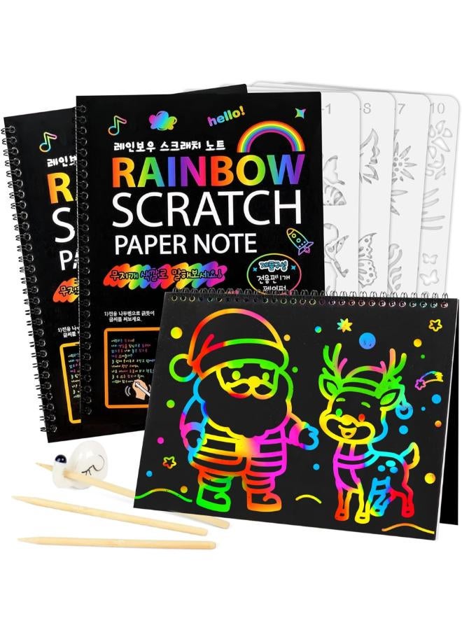 Mocoosy Scratch Art - 3 Large Rainbow Scratch Art Notebooks Sheets of Magic Scratch Paper Art and Crafts for Children with 4 Painting Stencils, 3 Wooden Styluses, a Stylus Holder 