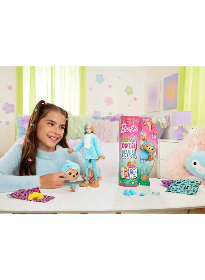 Barbie Cutie Reveal Doll & Accessories With Animal Plush Costume & 10 Surprises Including Color Change, Teddy Bear As Dolphin In Costume-Themed Series