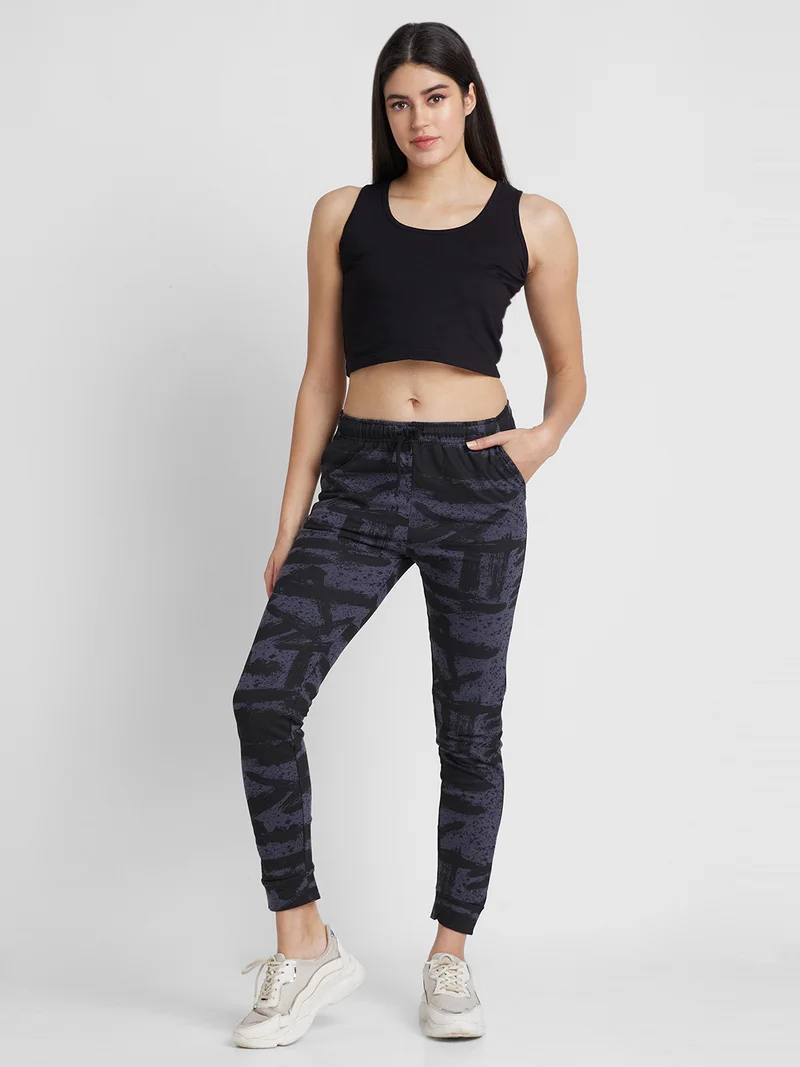 globus Women Navy Blue & Black Printed Trackpants