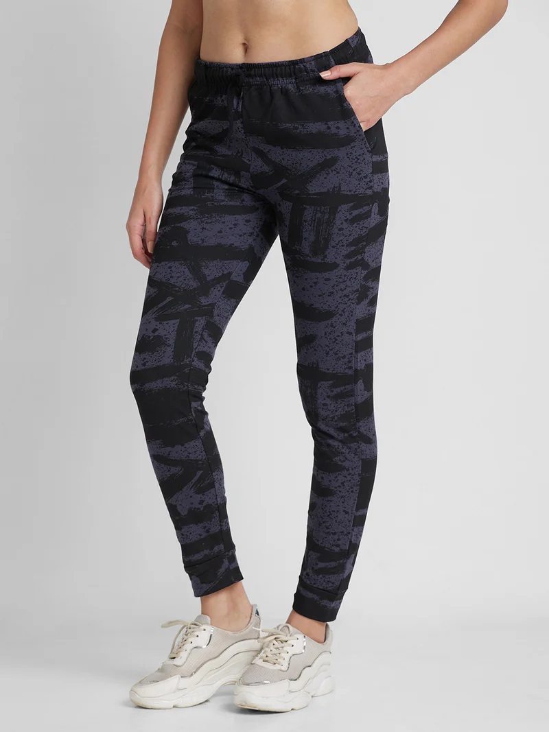globus Women Navy Blue & Black Printed Trackpants