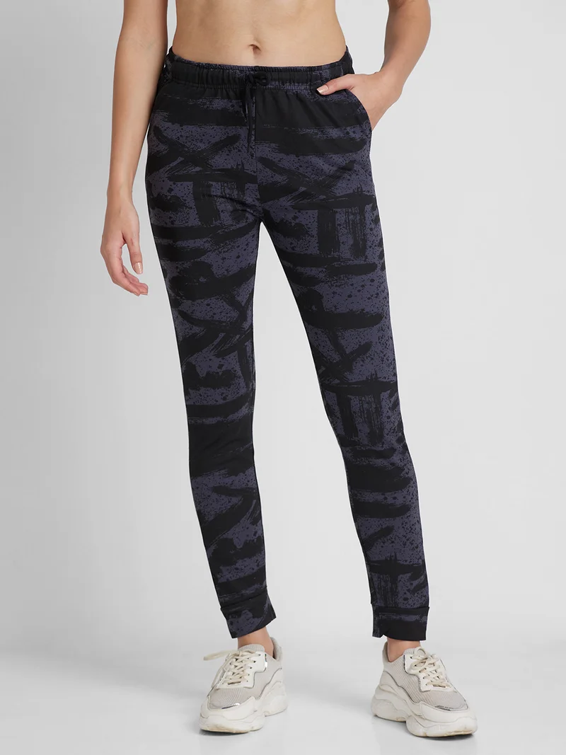 globus Women Navy Blue & Black Printed Trackpants