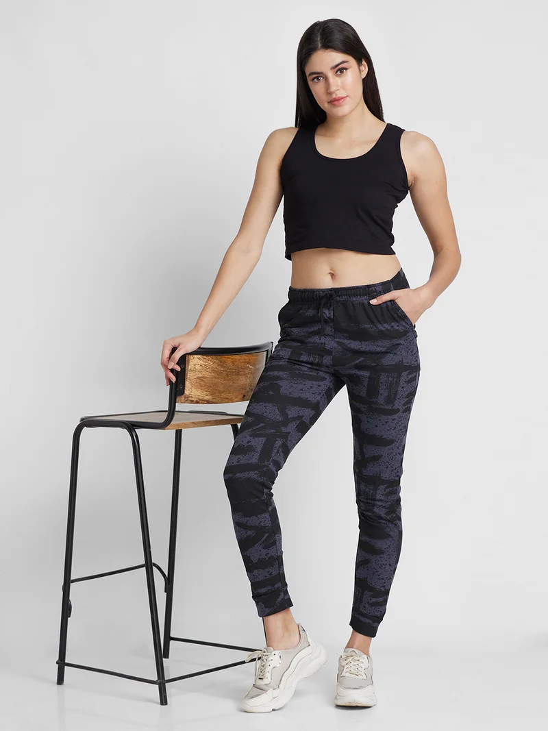 globus Women Navy Blue & Black Printed Trackpants