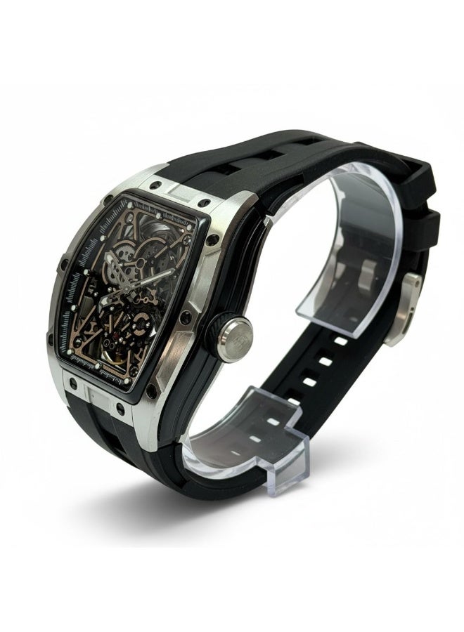 TOMRICH Phantom Skeleton Automatic Watch for Men – Luxury Tonneau Dial, Black Silicone Strap, Stainless Steel Silver Case, 30M Water Resistant - Image 2