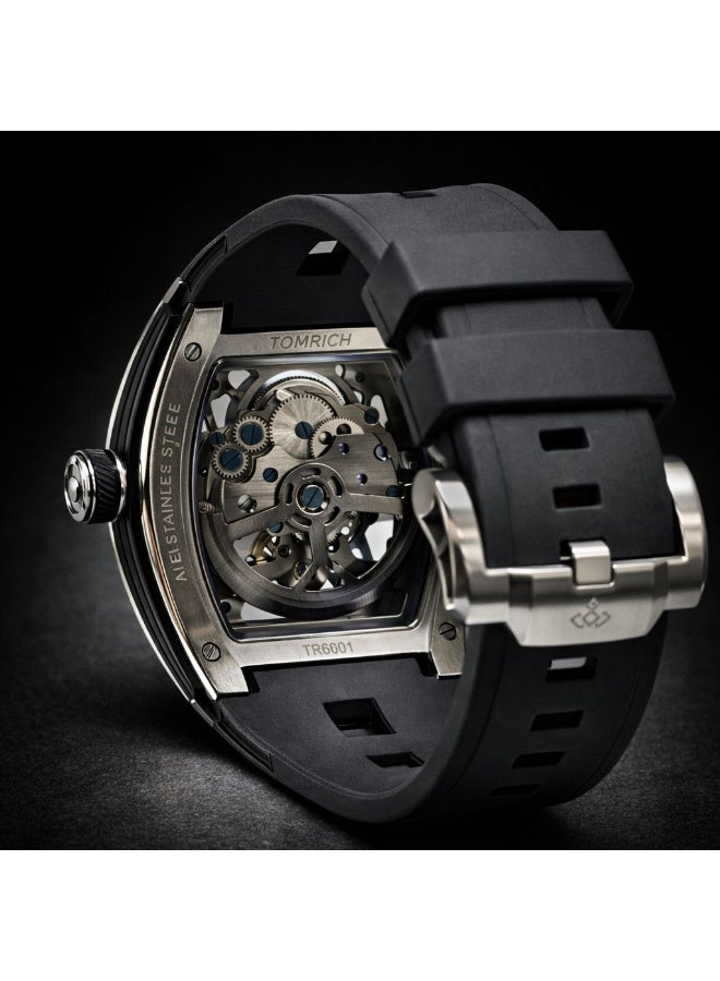 TOMRICH Phantom Skeleton Automatic Watch for Men – Luxury Tonneau Dial, Black Silicone Strap, Stainless Steel Silver Case, 30M Water Resistant - Image 3