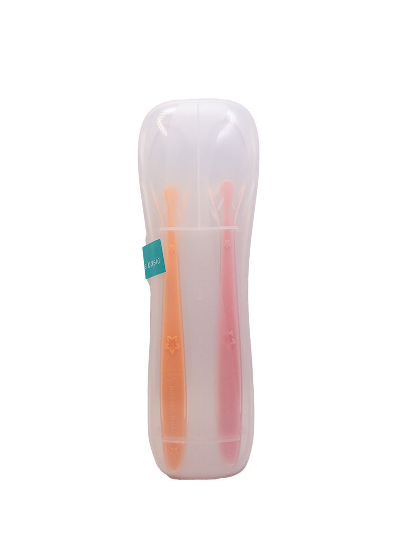 Babies Basic Silicone Spoon Set With Travel Case, Set Of 2, Suitable For 9M+ - Pink & Orange