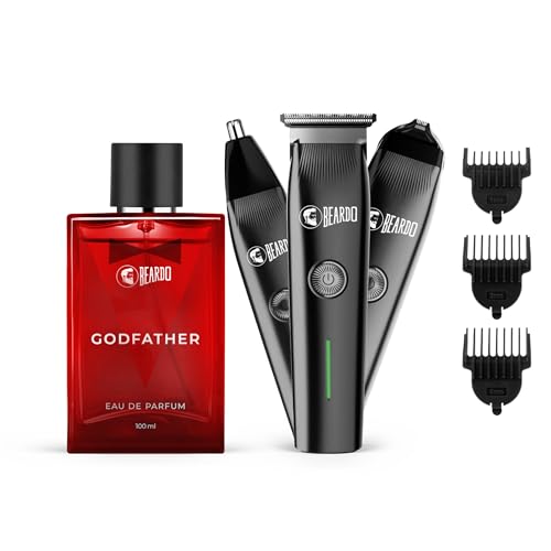 BEARDO بياردو آيب-إكس برايم 3 في 1 مقص للشعر + عطر جودفاذر إي دي بي للرجال | مقص للذقن والأنف والأذن مع شحن تايب-سي | عطر طويل الأمد حار، 100 مل | مجموعة هدايا للعناية والعطور للرجال، الزوج، الحبيب - Image 1