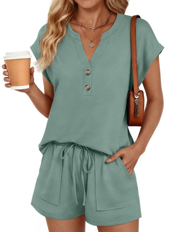 LILLUSORY Womens Henley 2 Piece Short Sets Spring 2026 Matching Lounge Airport Travel Vacation Beach Outfits Sweatsuit Pocket, Sage Green, M - Image 1