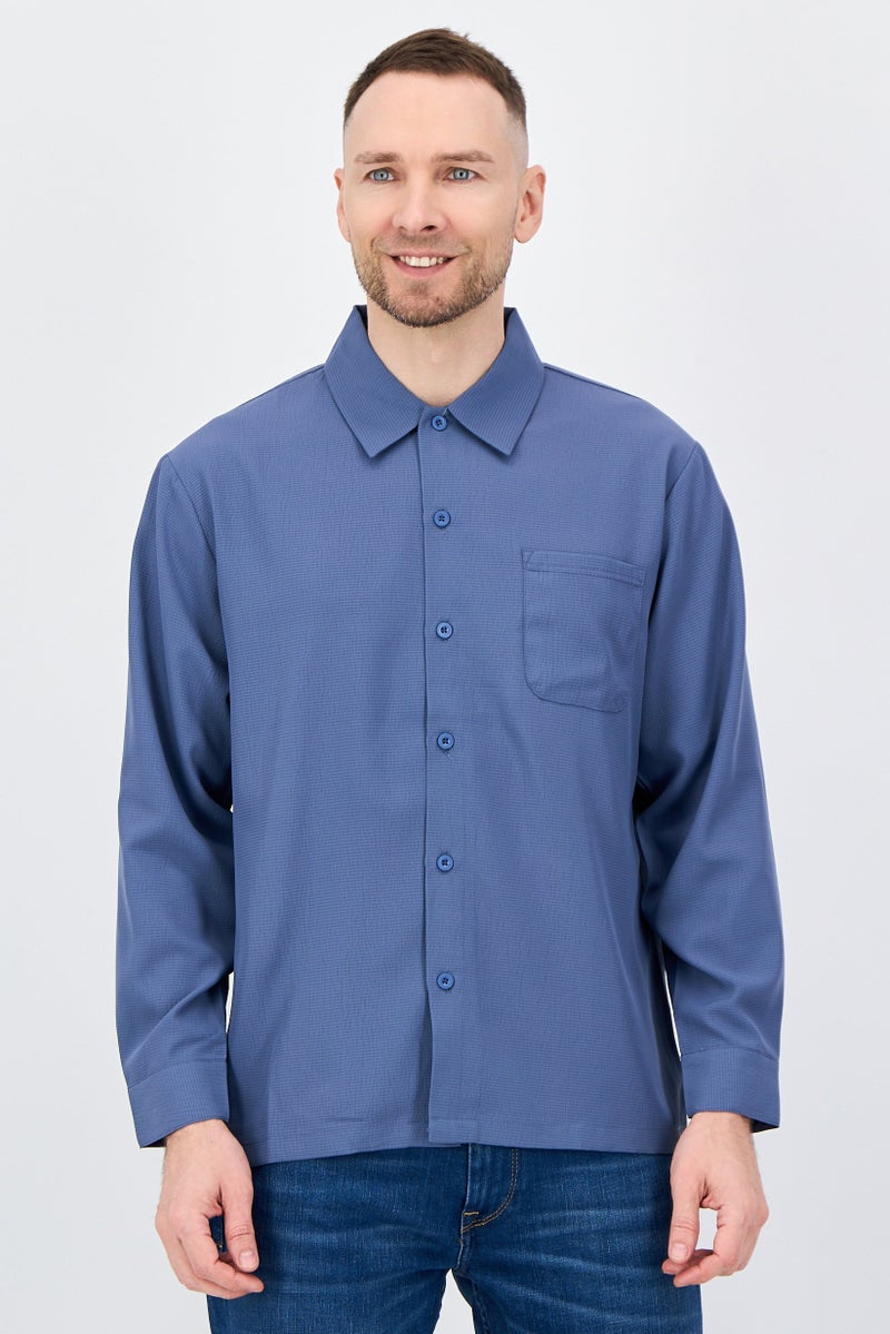 Aeropostale Men Regular Fit Textured Long Sleeve Casual Shirt, Slate Blue - Image 1