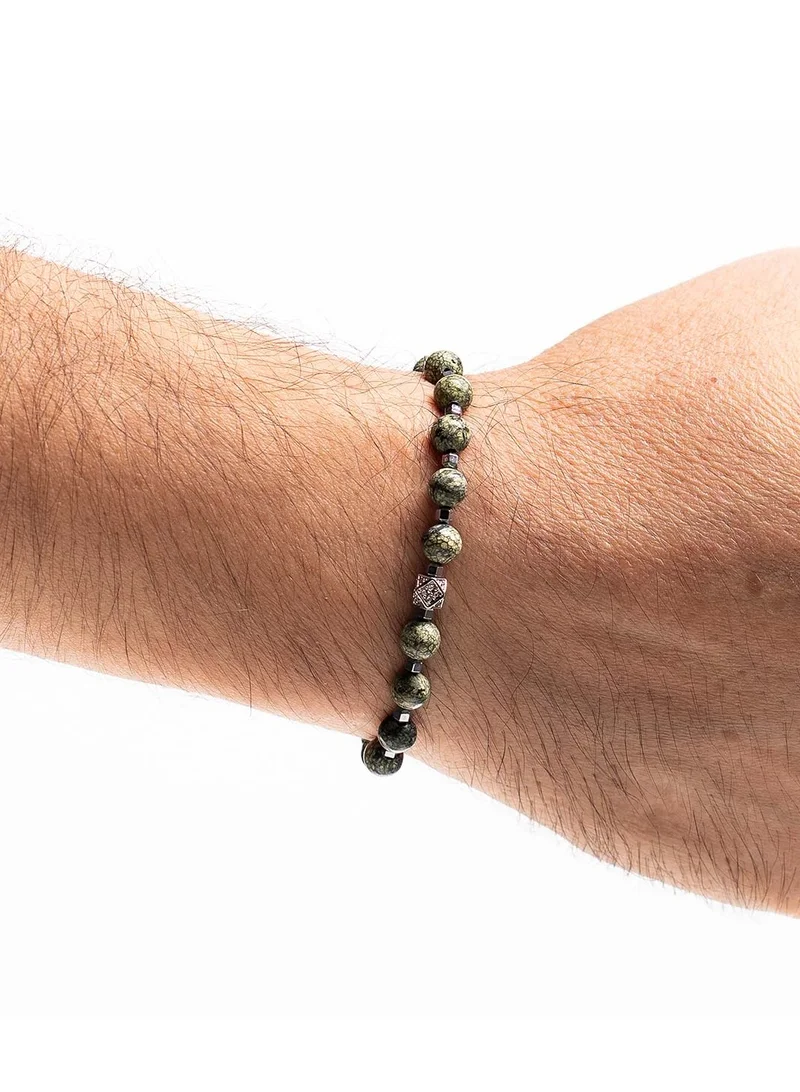 كريسوستوموس Handmade Beaded Bracelet for Men with Silver and Green Agate
