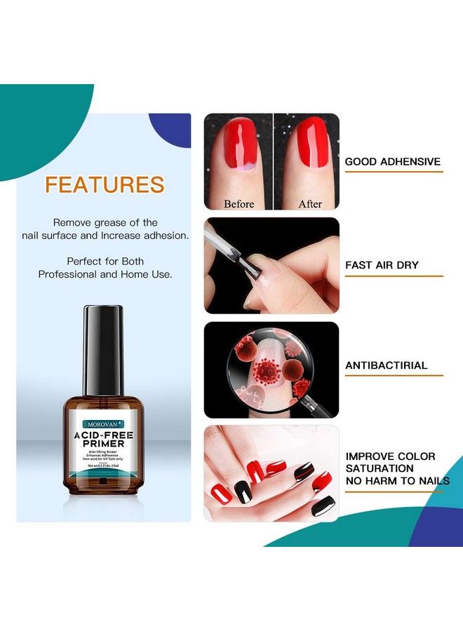 morovan برايمر أظافر احترافي خالٍ من الأحماض، لا يحترق، 0.5 أونصة، برايمر أظافر جل لبودرة الأكريليك وجل الأشعة فوق البنفسجية، يجف بسرعة في الهواء، مثبت أظافر - Image 4