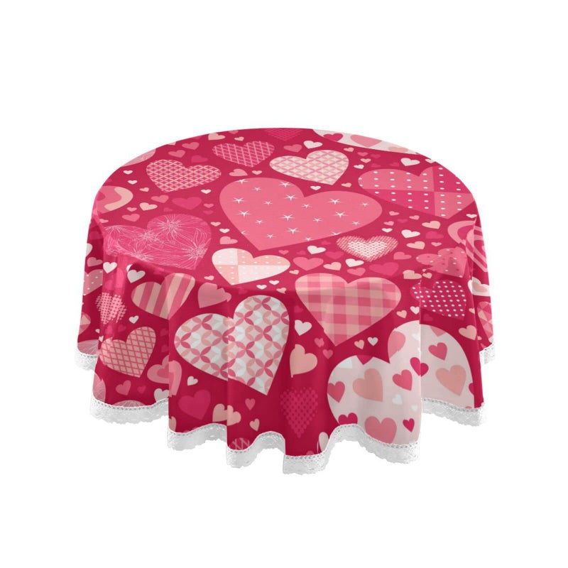 aportt Valentine's Day Round Tablecloth 60 Inches Pink Red Hearts Lace Table Cloth Water Resistant Spillproof Wrinkle Free Love Hearts Valentines Table Cover - Image 1