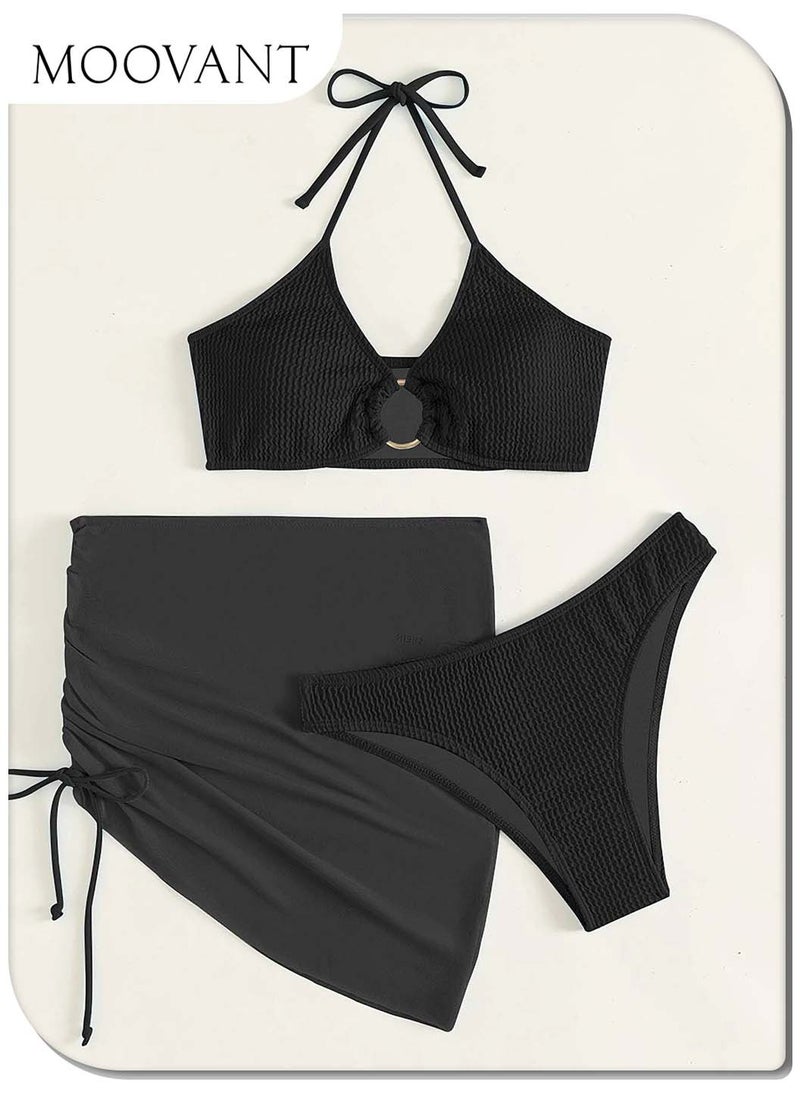 Moovant 3 Pieces Bikini Set, Women's Halter Swimsuit, Beach Skirt Set, Underwire Textured Ring Linked Push Up Design, Ladies Sling Beachwear Swimwear  - Image 1