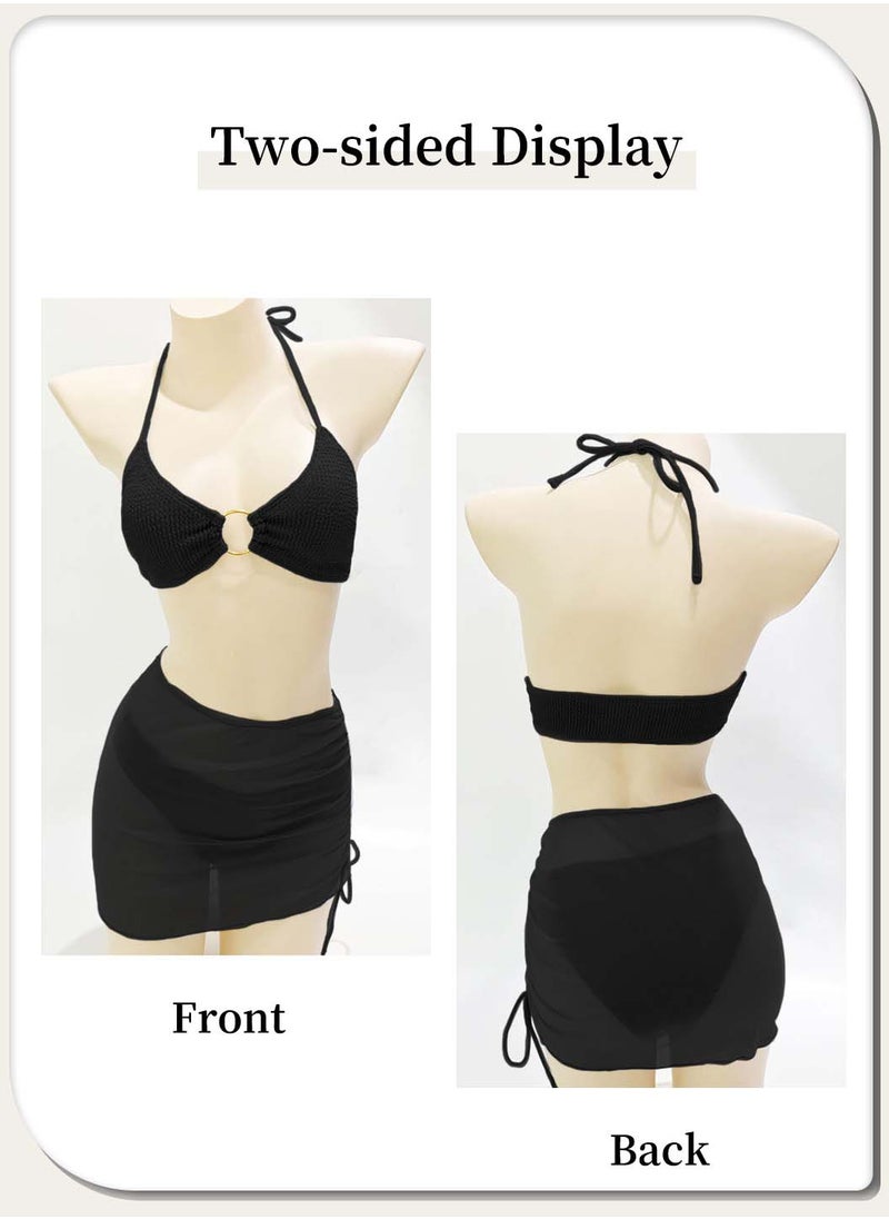 Moovant 3 Pieces Bikini Set, Women's Halter Swimsuit, Beach Skirt Set, Underwire Textured Ring Linked Push Up Design, Ladies Sling Beachwear Swimwear  - Image 3