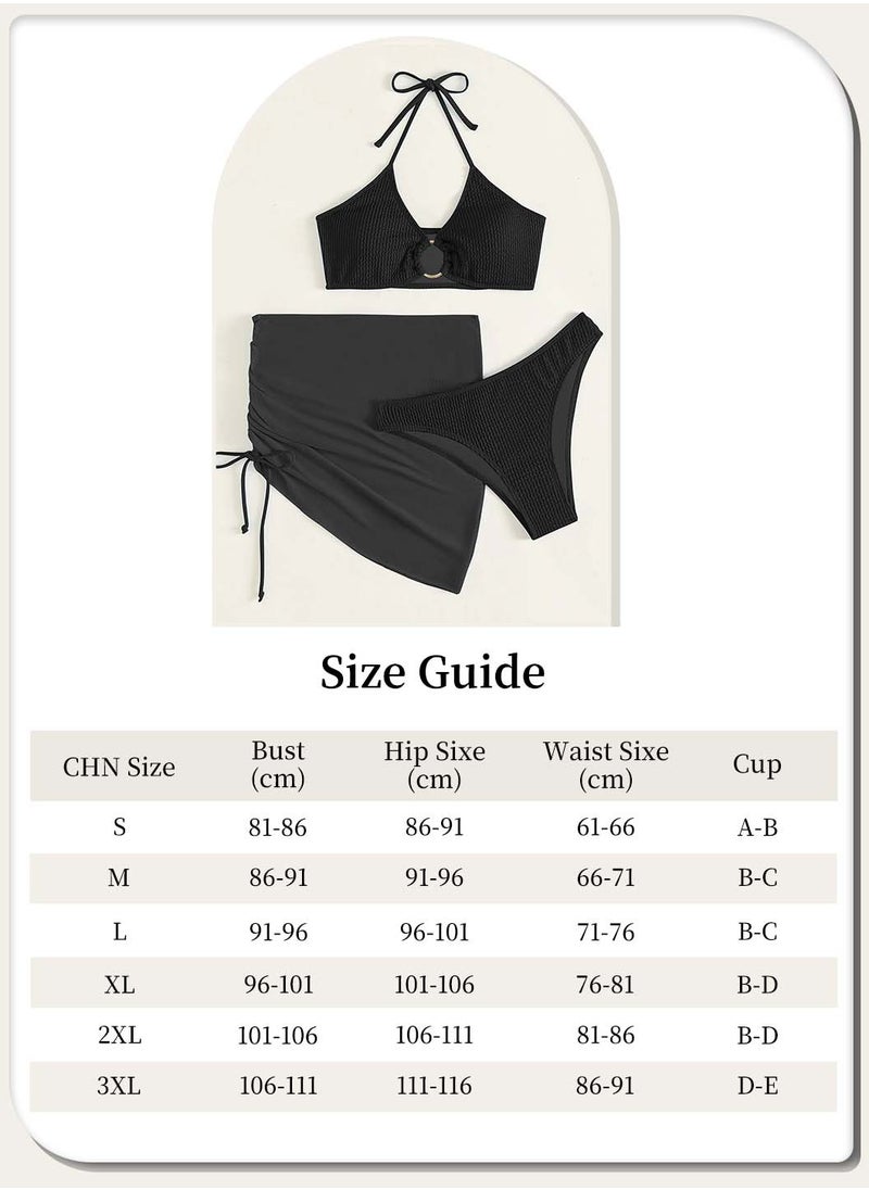 Moovant 3 Pieces Bikini Set, Women's Halter Swimsuit, Beach Skirt Set, Underwire Textured Ring Linked Push Up Design, Ladies Sling Beachwear Swimwear  - Image 4