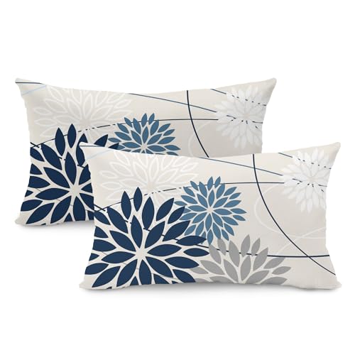 DFXSZ Blue and Gray Floral Pillow Covers 12x20 Set of 2 Outdoor Waterproof White Colored Decorative Throw Pillows Summer Pillowcase Polyester Cushion Case Decor for Couch Patio Funiture Garden Porch 01B12 - Image 1