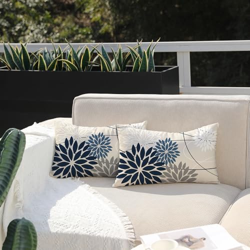 DFXSZ Blue and Gray Floral Pillow Covers 12x20 Set of 2 Outdoor Waterproof White Colored Decorative Throw Pillows Summer Pillowcase Polyester Cushion Case Decor for Couch Patio Funiture Garden Porch 01B12 - Image 2