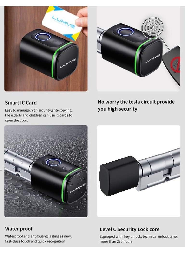 LUMIVE - Lumive Smart Door Lock Support Up to 100 Fingerprints, Smart Lock with Remote App Unlocking, 2x RFID Smart Card , Black , 80mm Cylinder, Battery Included - Image 1