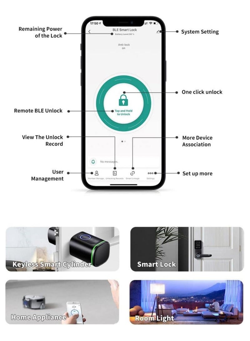 لوميف قفل باب ذكي | للأبواب الداخلية فقط| من لوميف يدعم حتي 100 بصمة , قفل ذكي يدعم الفتح عن طريق تطبيق الجوال , شامل 2 بطاقة ذكية , أسود , بطول 80مم ويشمل البطارية - Image 2
