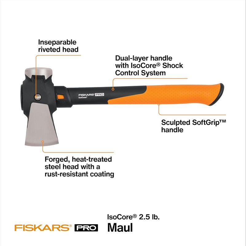 Fiskars Pro IsoCore Maul - 2.5-Pound Wood Splitter for Small Size Logs and Kindling with Shock-Absorbing Handle - Black/Orange - Image 3